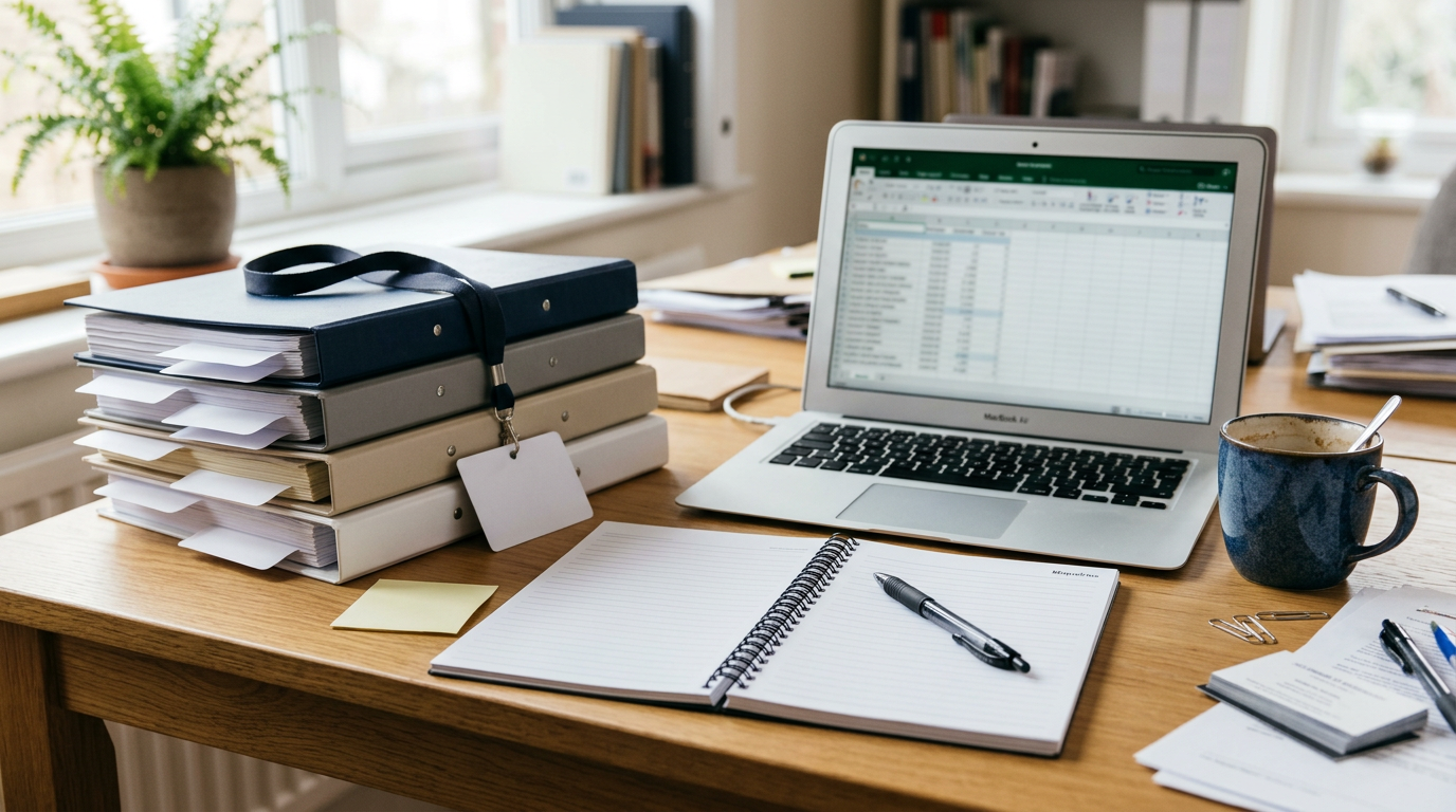 Laptop spreadsheet beside organized binders, notebook, coffee, and office supplies